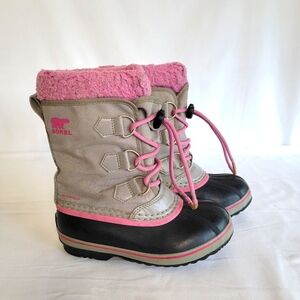 Sorel Yoot Pac Snow Boots Faux Fur Grey Pink Big Kids Girls 1